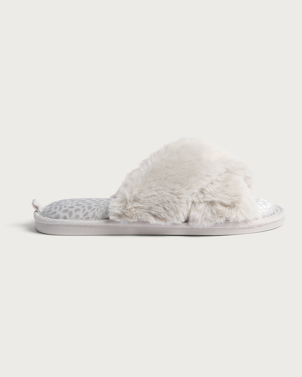 image 1 of F&F Faux Fur Crossover Slippers in Grey