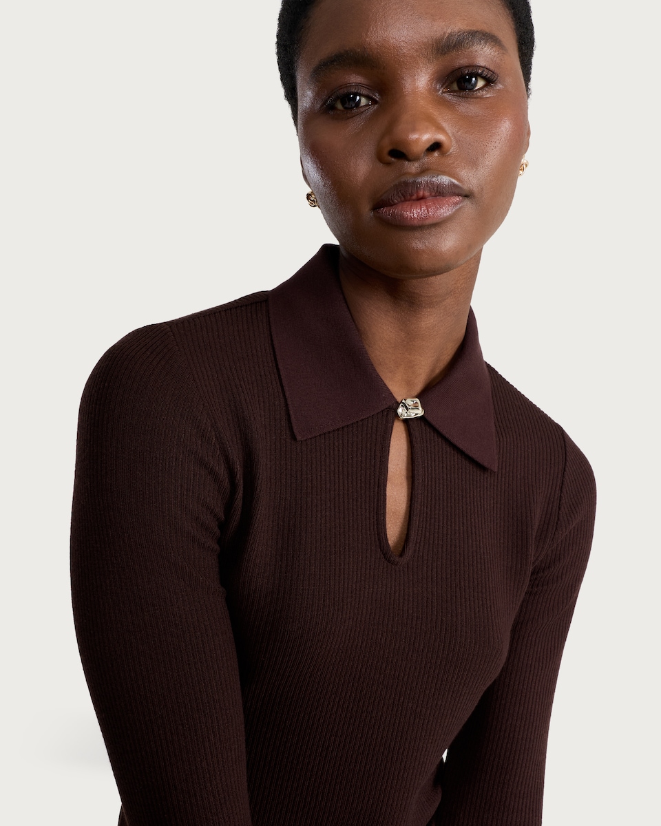 image 1 of F&F Ribbed Keyhole Long Sleeved Top in Chocolate