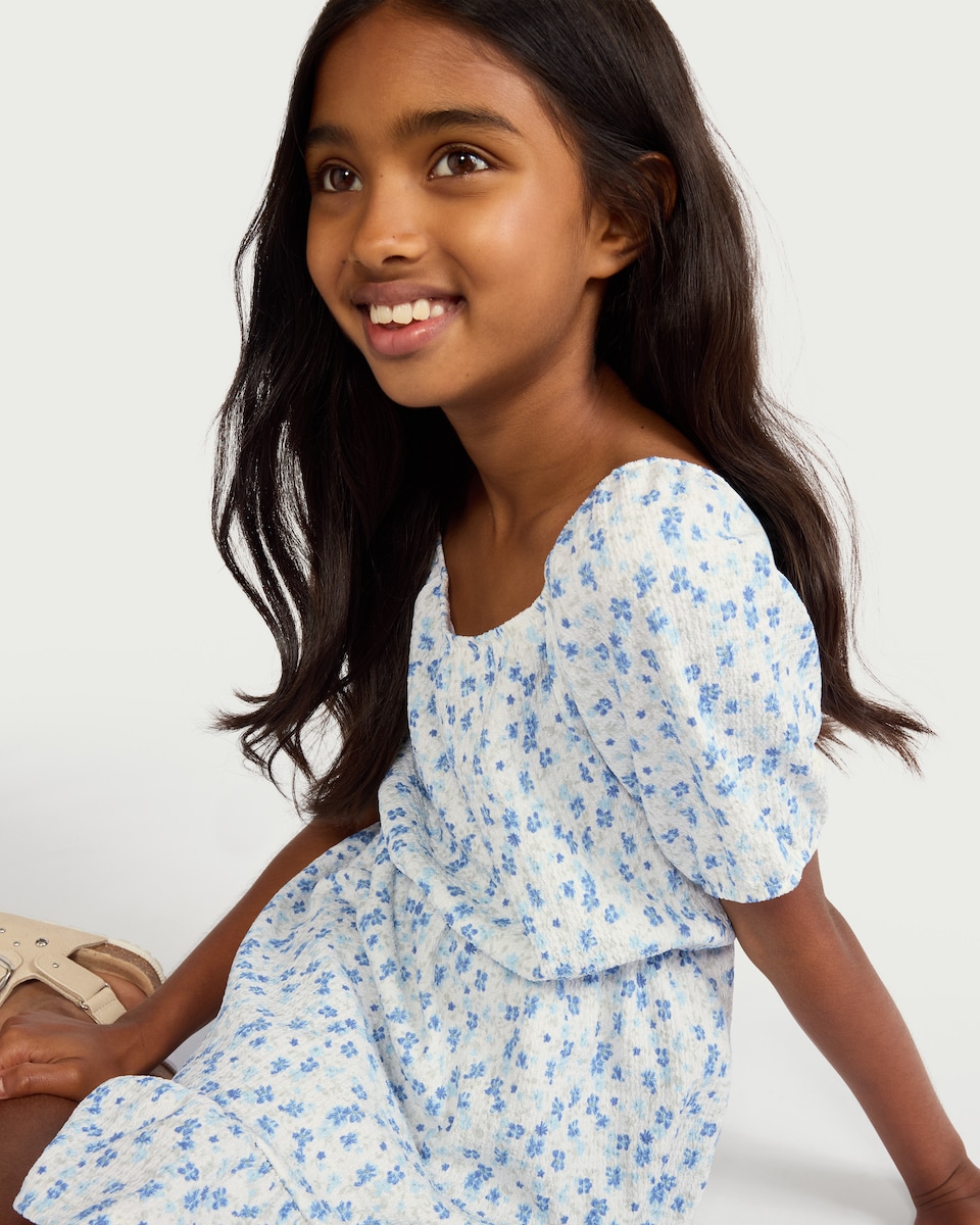 image 1 of F&F Girls Textured Floral Dress in Multi Blue