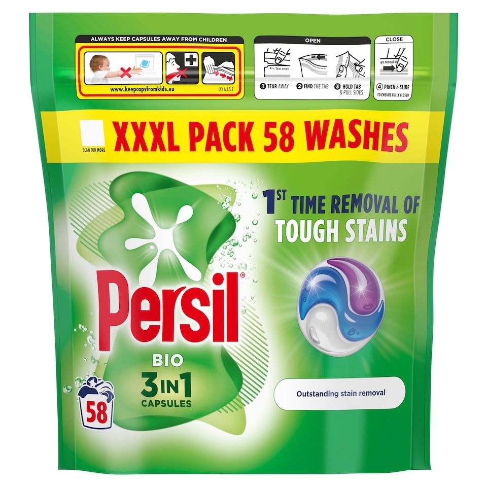 image 1 of Persil Bio 3 in 1 Laundry Washing Detergent Capsules 58 Washes 1223g