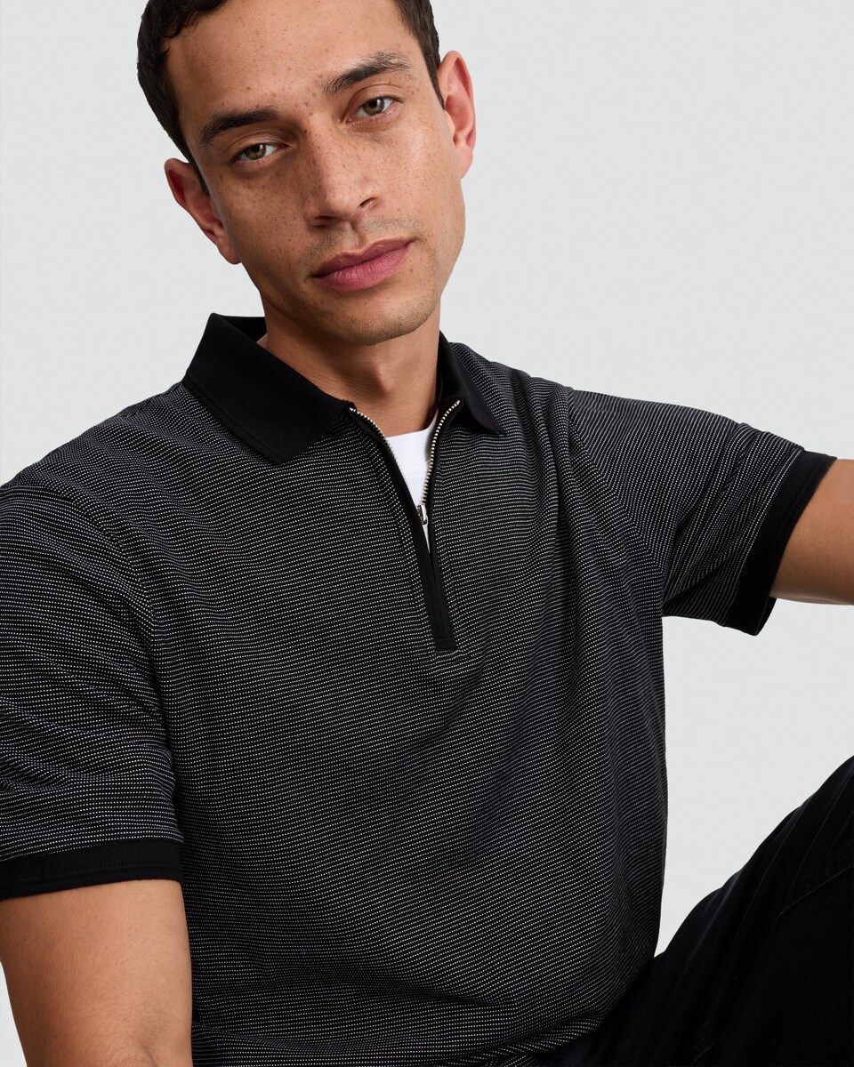 image 1 of F&F Cotton Rich Stripe Print Zip Neck Short Sleeved Polo Shirt in Black