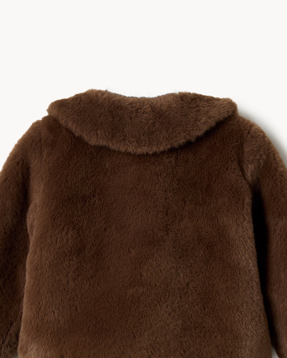 image 1 of F&F Baby Faux Fur Bow Coat in Brown