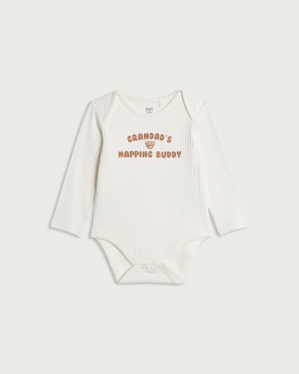F&F Baby Cotton Rich Ribbed Grandad Long Sleeved Bodysuit in Ecru