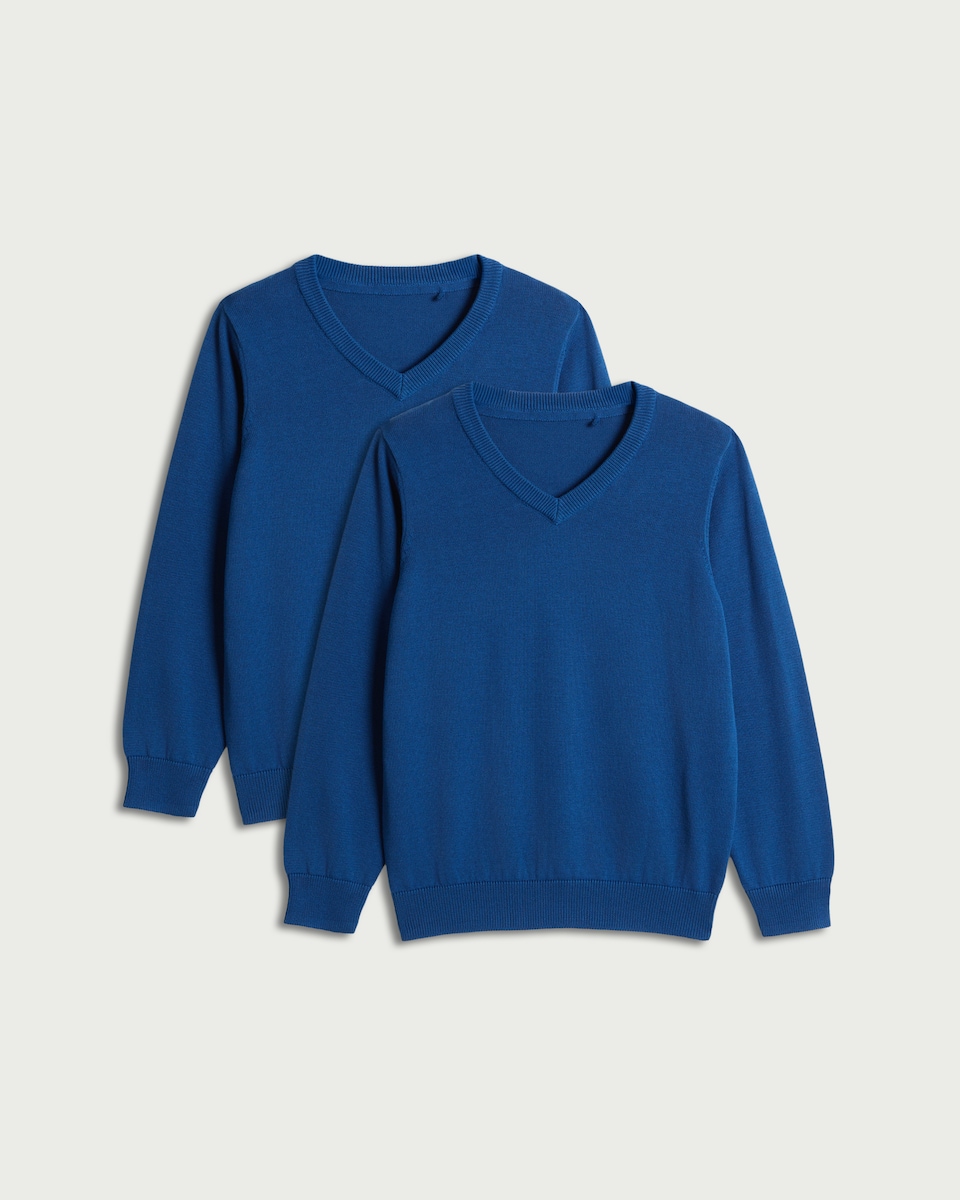 image 1 of F&F School Unisex 2-Pack Pure Cotton V-Neck Jumpers in Blue