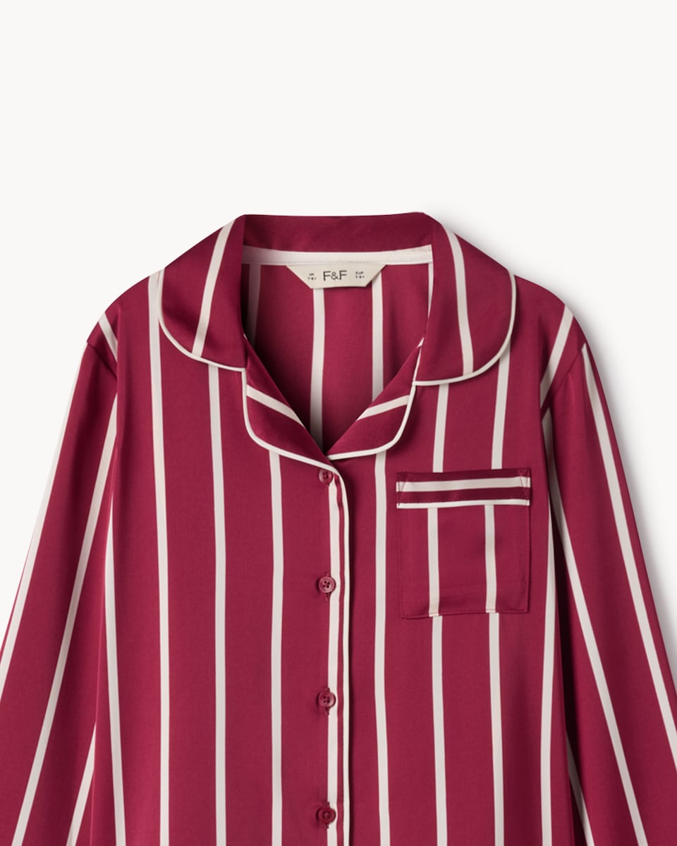 image 1 of F&F Girls Satin Striped Revere Pyjama Set in Red