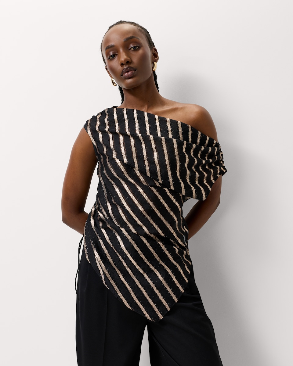 image 1 of F&F Satin Sparkly Striped Draped Top in Chocolate