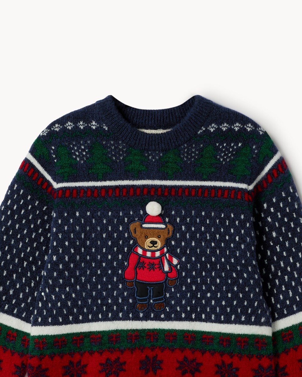 image 1 of Christmas Boys Fair Isle Bear Jumper in Navy