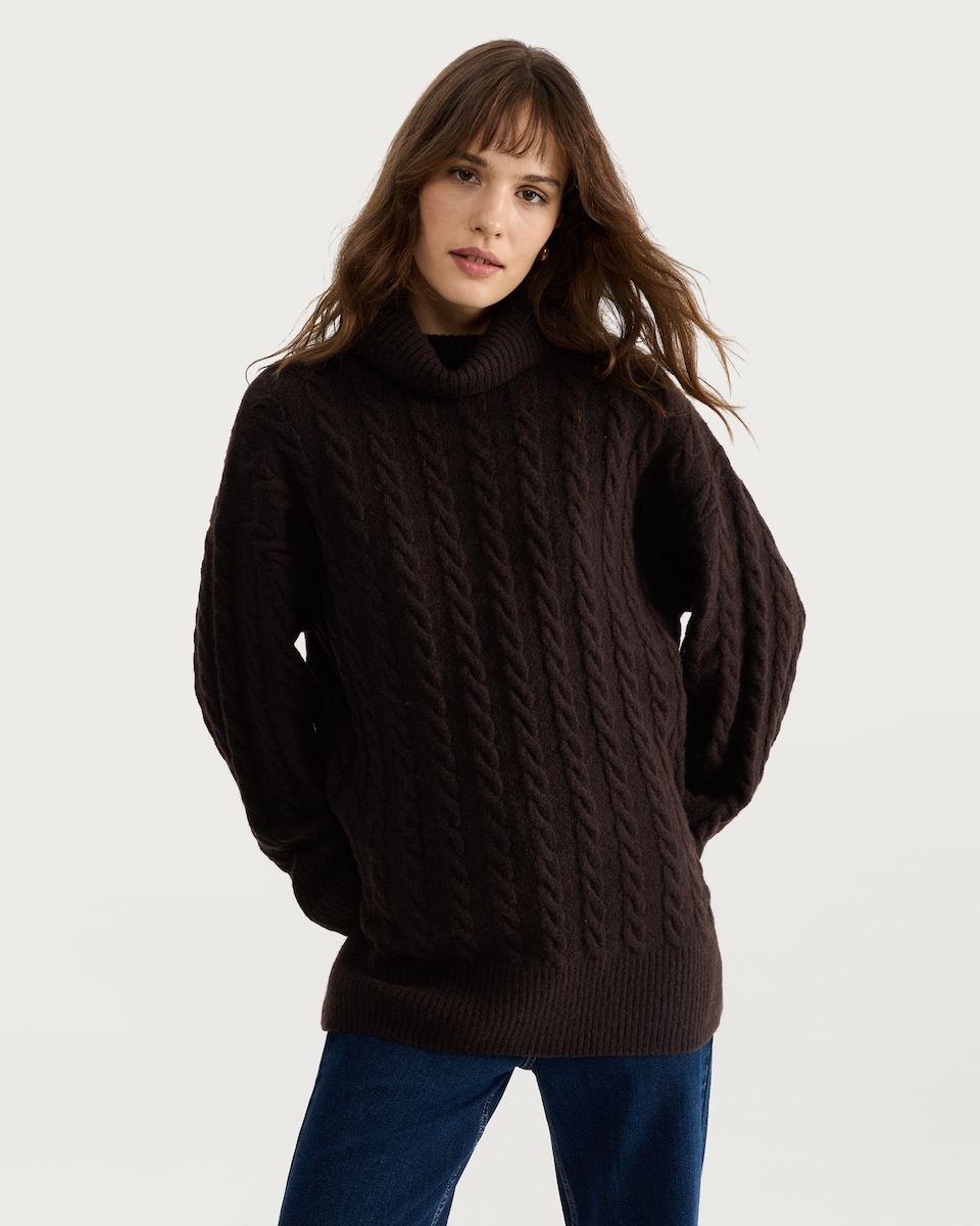 image 1 of F&F Cable Knit Roll Neck Jumper with Wool in Brown