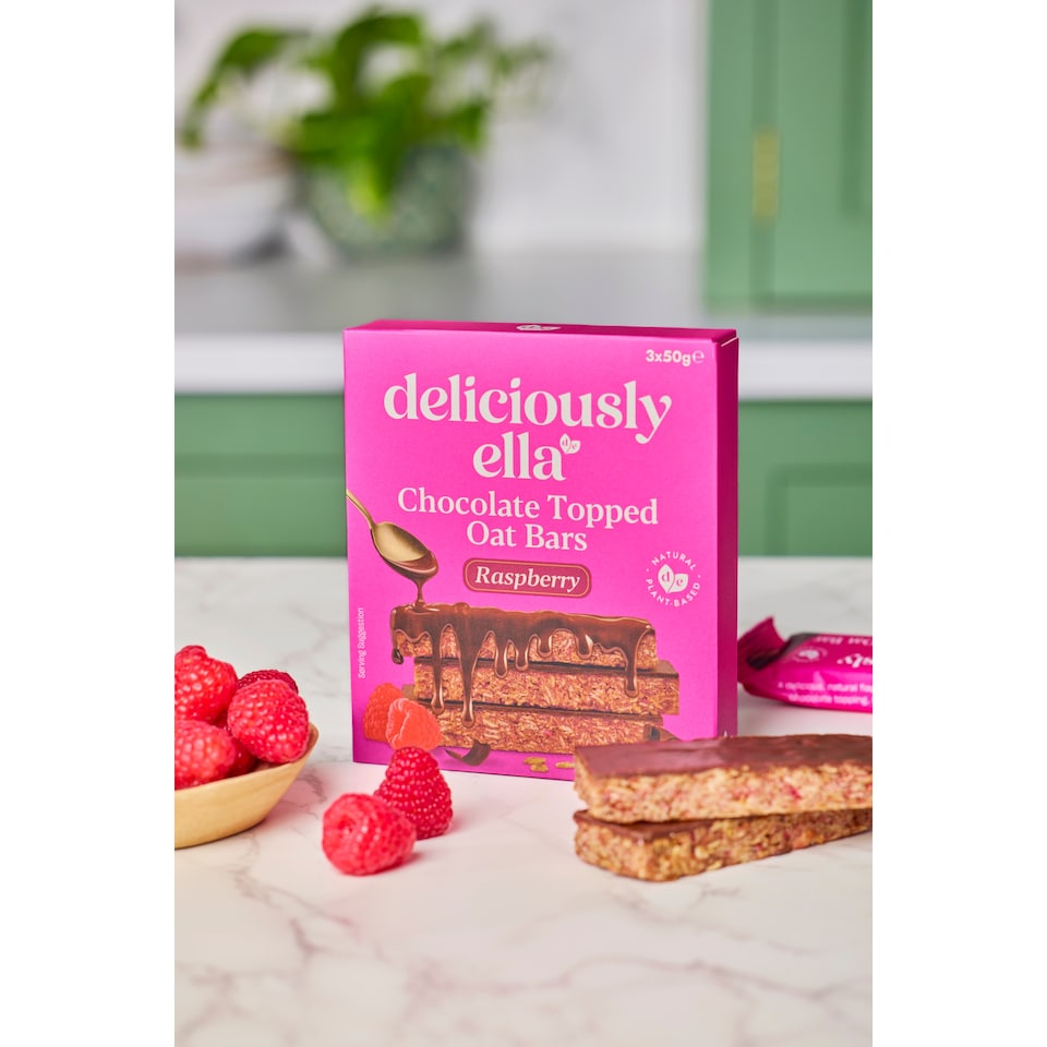 image 1 of Deliciously Ella Chocolate Topped Raspberry Oat Bars 3 x 50g