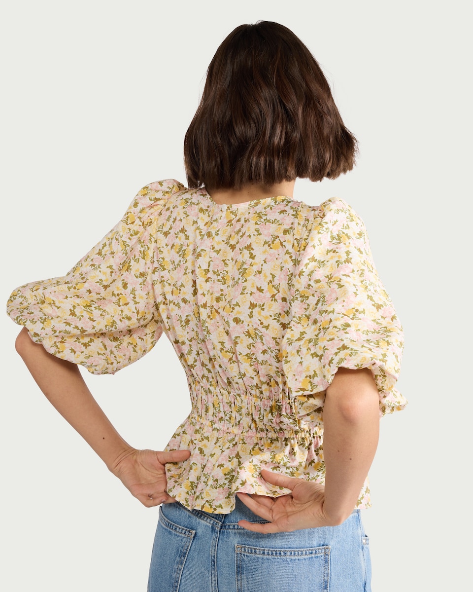 image 1 of F&F Shirred Puff Sleeve Blouse in Multi