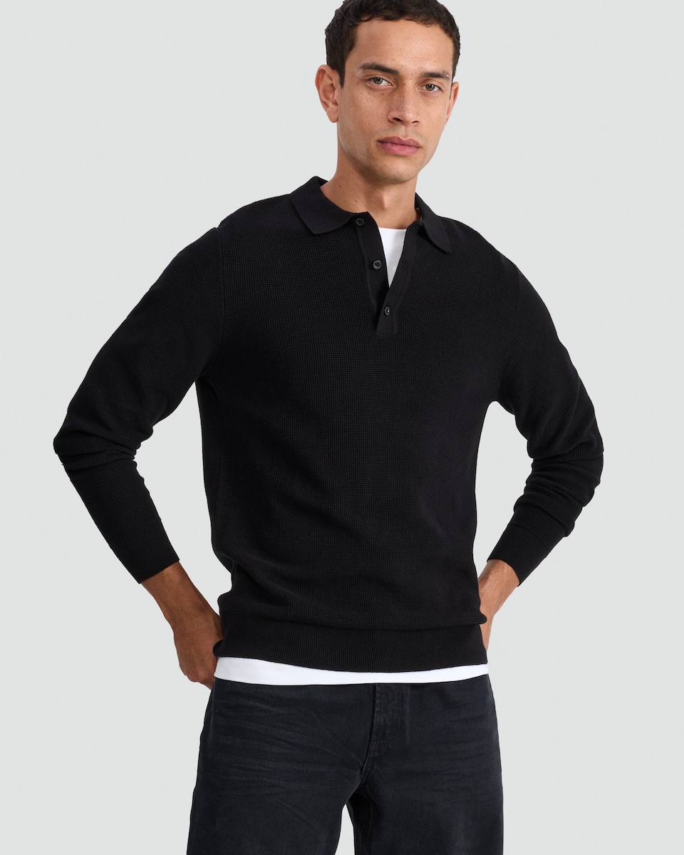 image 1 of F&F Pure Cotton Knitted Polo Jumper in Black