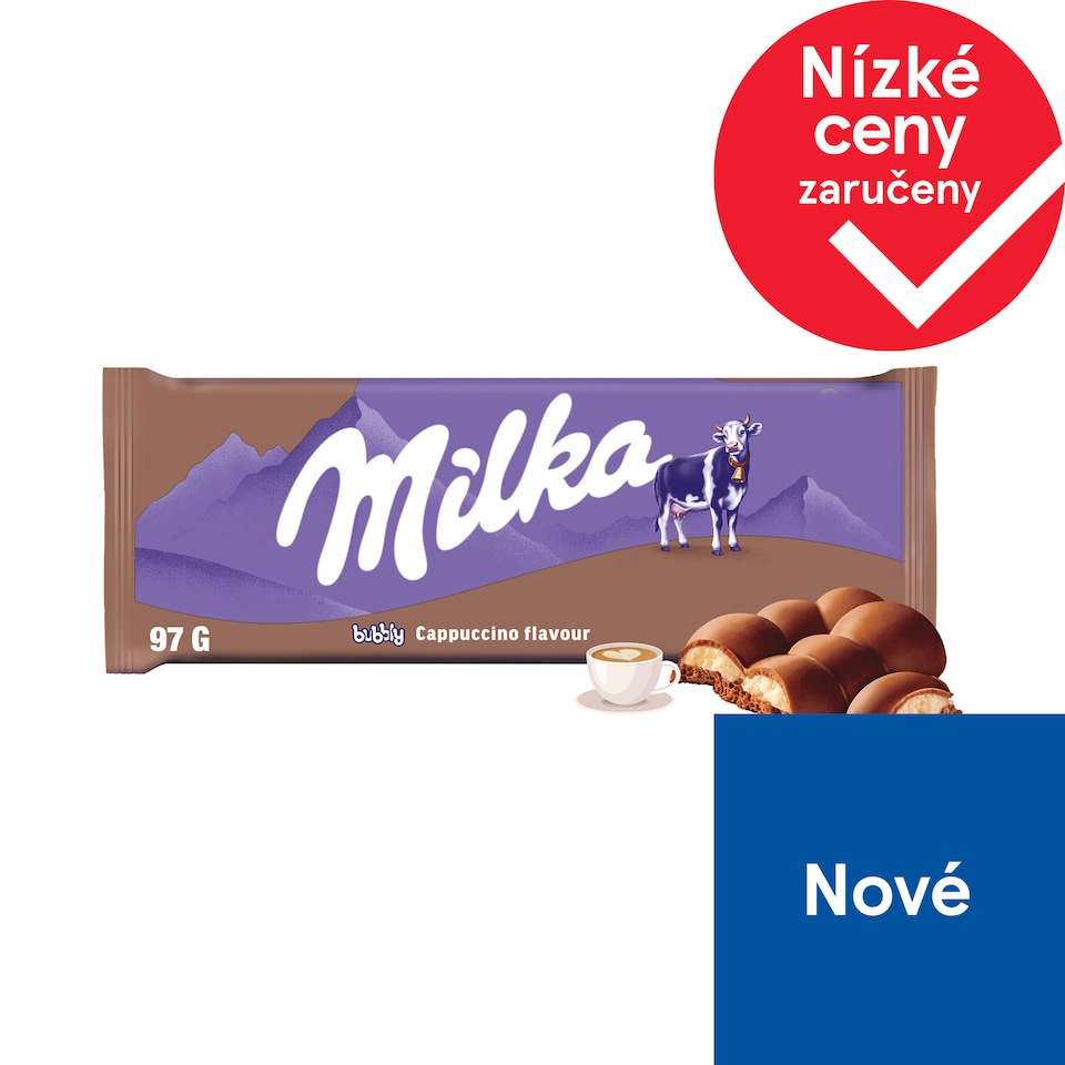 Milka čokoláda Bubbly mléčná z alpského mléka s náplní s příchutí Cappuccino, s bublinkami 97g