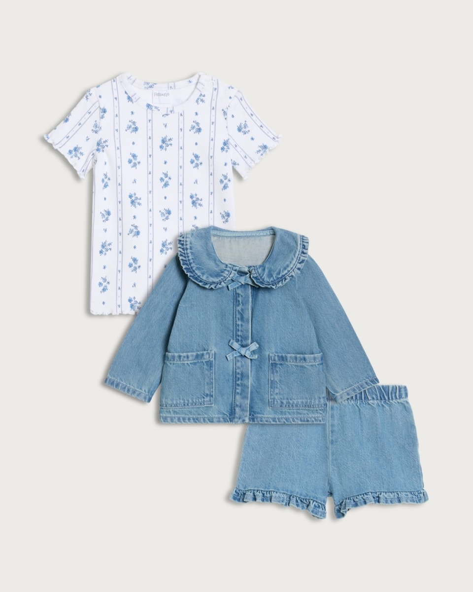 F&F Baby 3-Piece Denim Jacket, Floral T-Shirt and Shorts Set in Blue