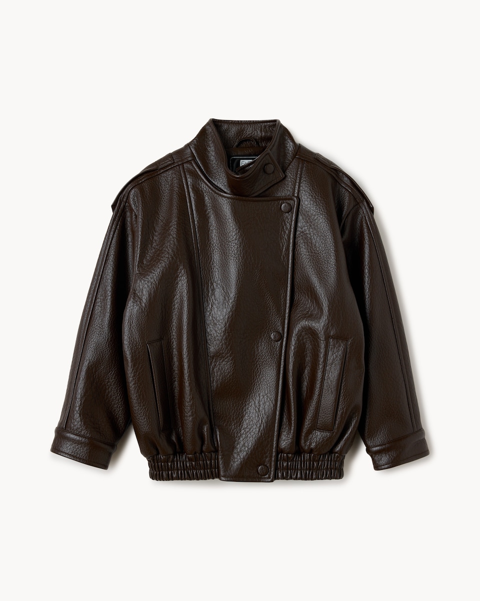 image 1 of F&F Girls Faux Leather Funnel Neck Jacket in Brown