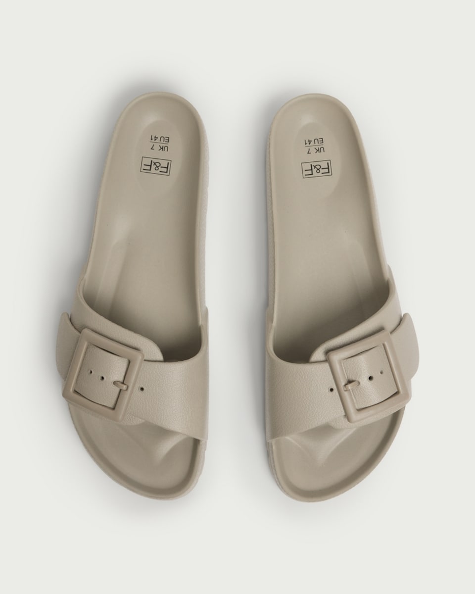 image 1 of F&F Buckle Detail Slip On Sandals in Dark Nude