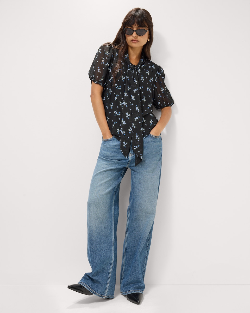 image 1 of F&F Ditsy Floral Tie Neck Blouse in Multi Black