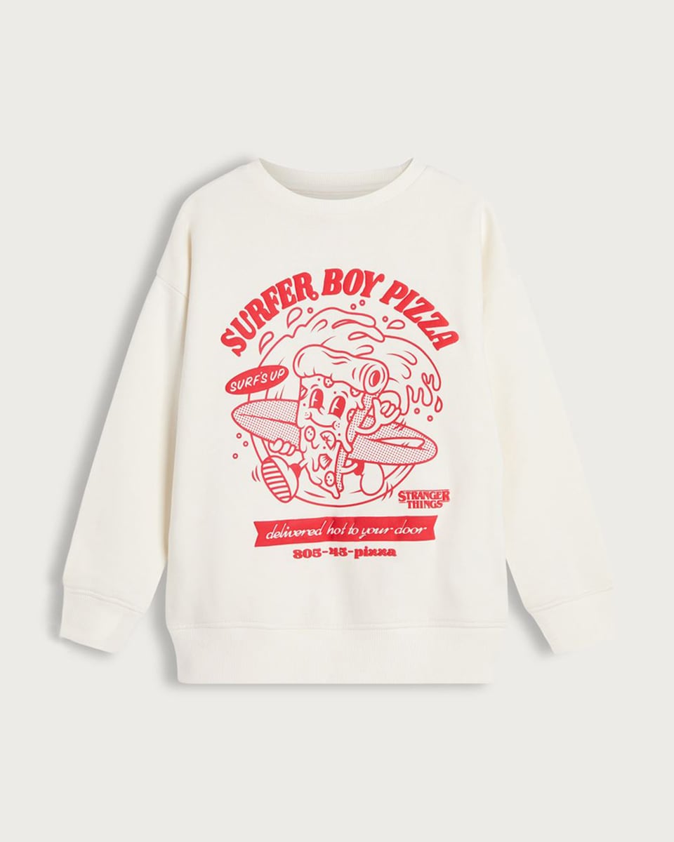 image 1 of Stranger Things Cotton Rich Pizza Print Sweatshirt in Cream