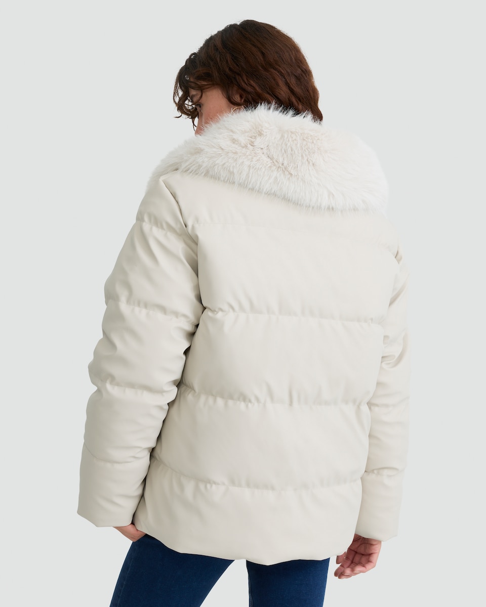 image 1 of F&F Faux Fur Collar Shower Resistant Puffer Jacket in Cream