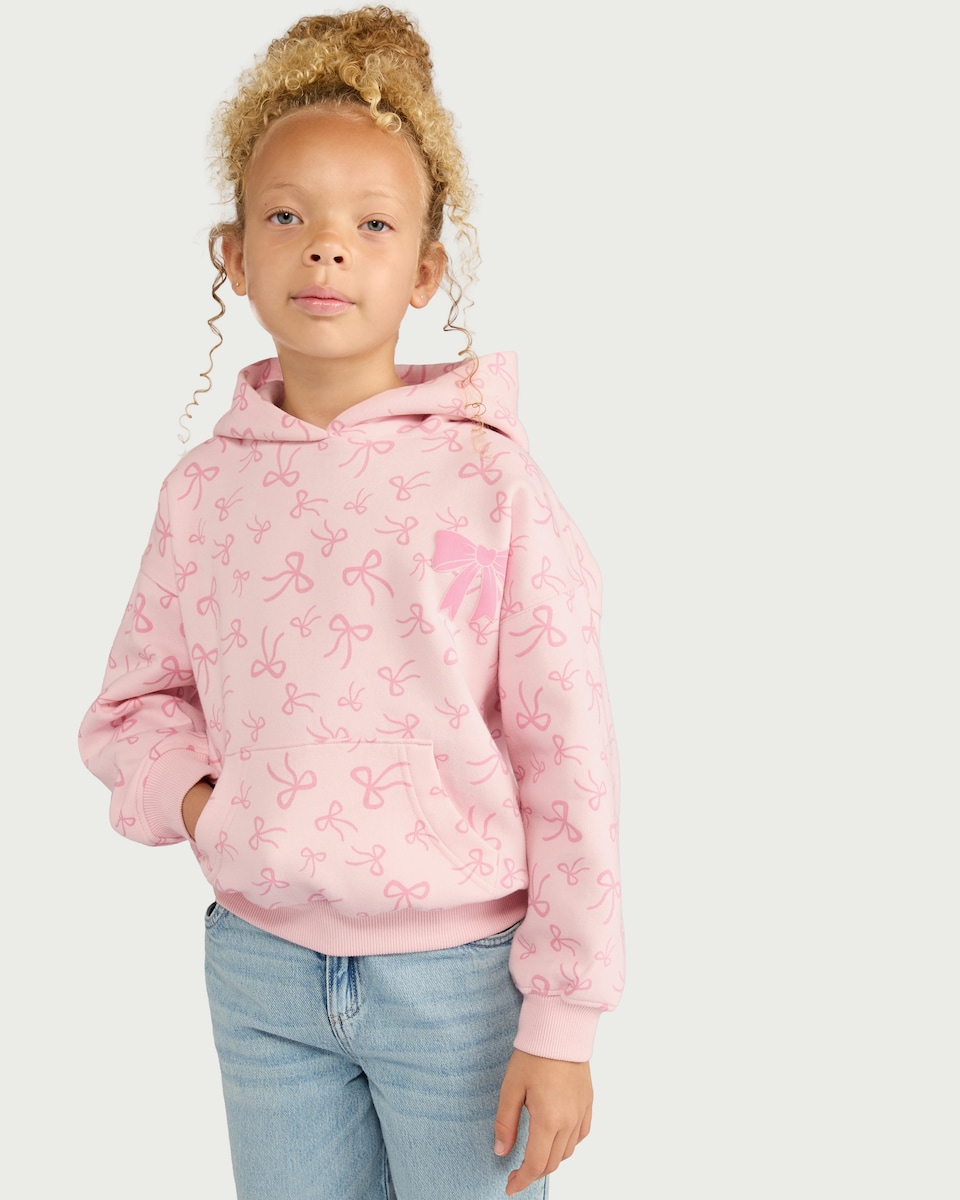 image 1 of F&F Girls Cotton Rich Bow Print Hoodie in Pink