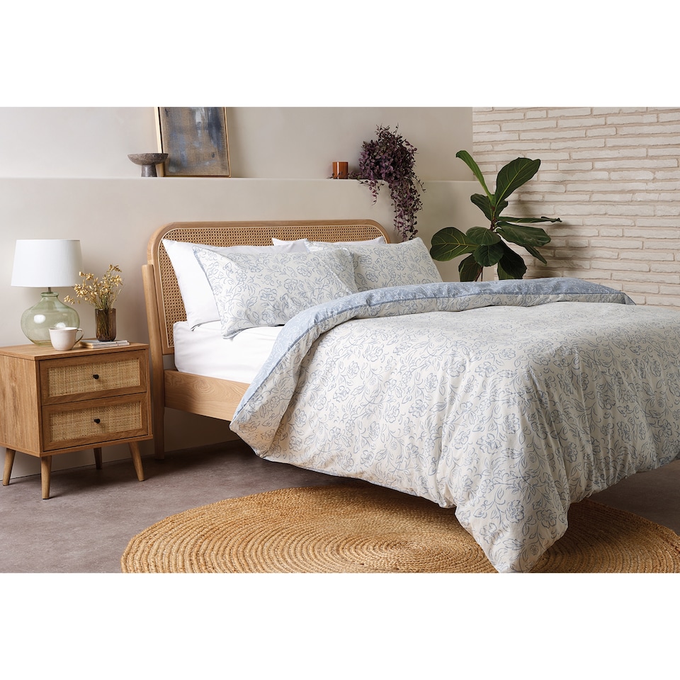 F&F Home Blue Washed Cotton Block Floral Duvet Set Double