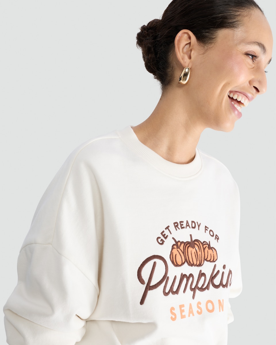 image 1 of F&F Pure Cotton Pumpkin Season Slogan Sweatshirt in Cream
