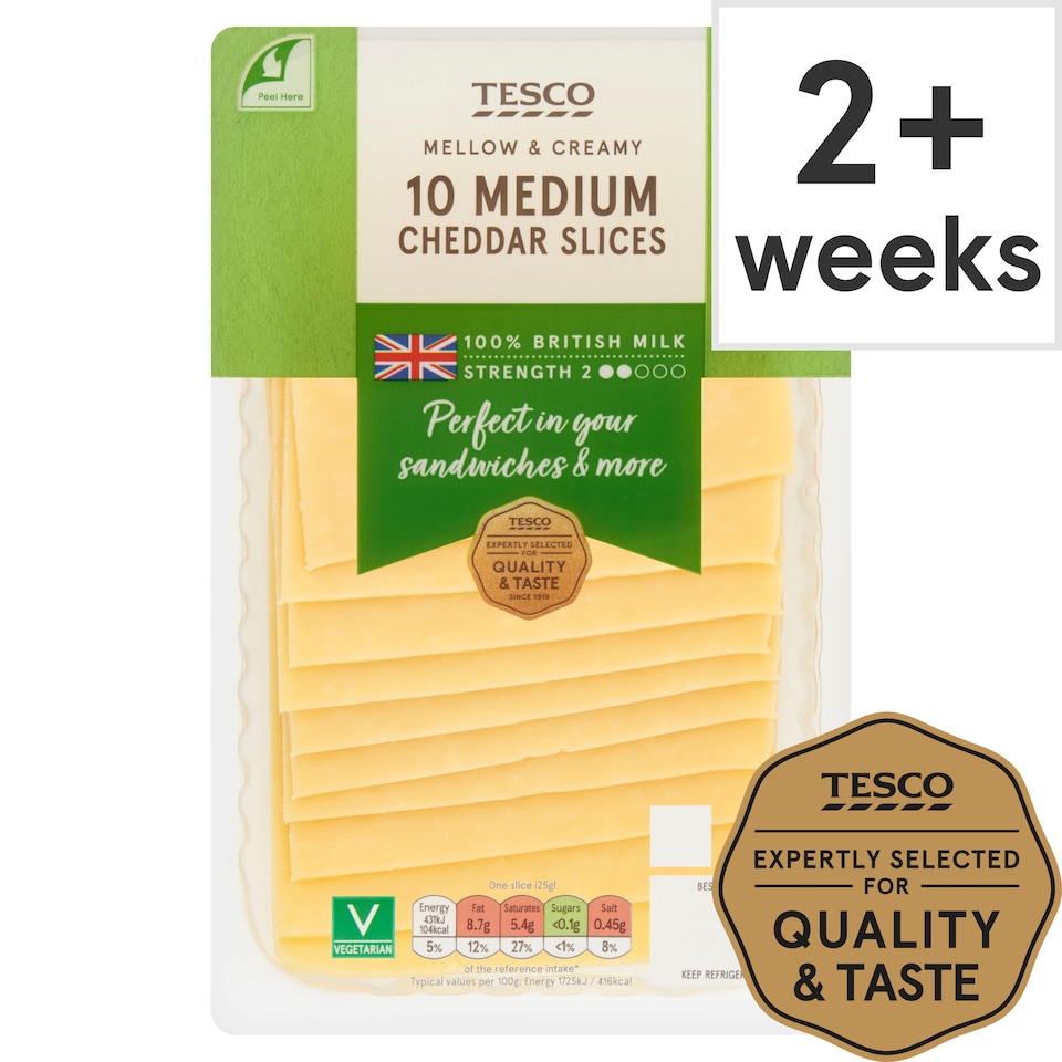 Tesco British Medium Cheddar 10 Slices, 250 G