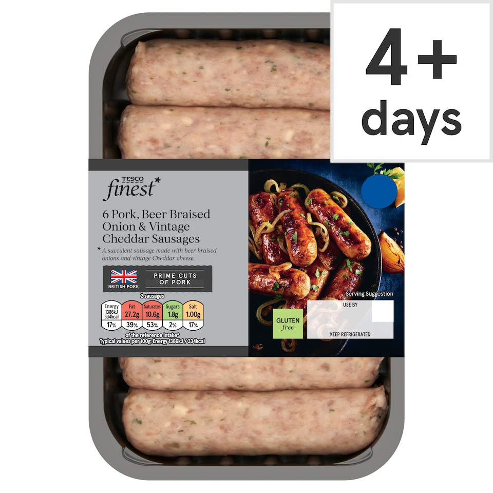 Tesco Finest Pork, Cheddar & Beer Braised Onion Sausages 400g
