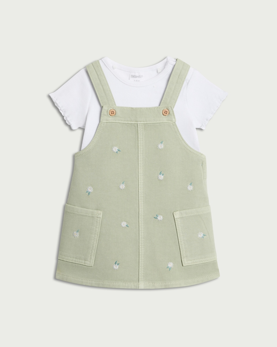 image 1 of F&F Baby 2-Piece Pure Cotton Embroidered Pinafore and Bodysuit Set in Green