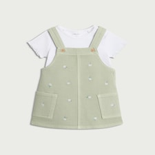 F&F Baby 2-Piece Pure Cotton Embroidered Pinafore and Bodysuit Set in Green