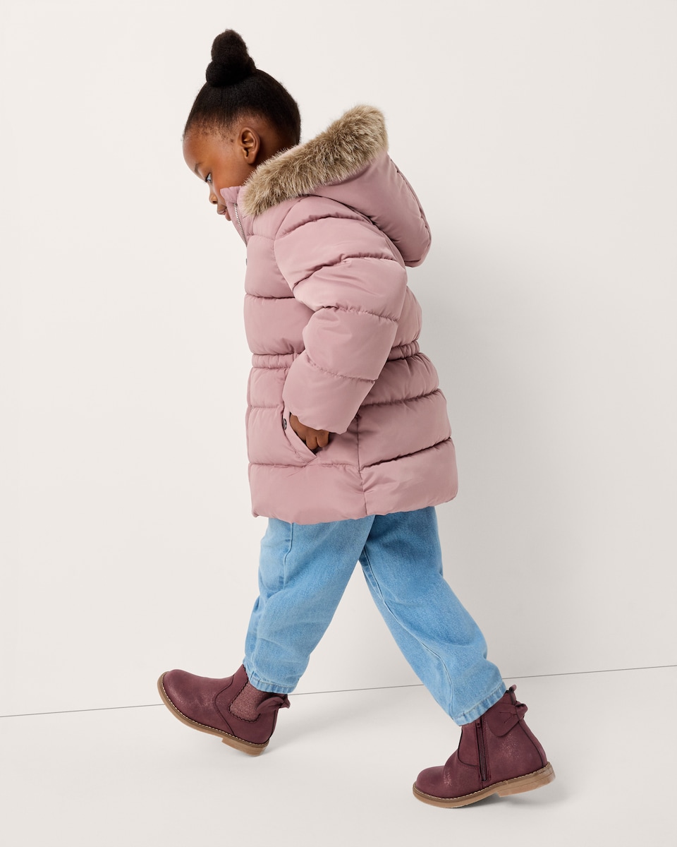 image 1 of F&F Girls Faux Fur Trim Hooded Padded Coat in Pink