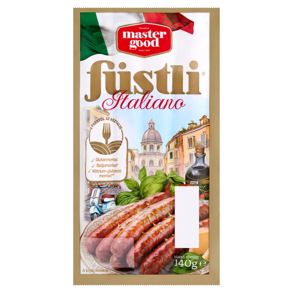Master Good Füstli Italiano parmezán sajtos, füst ízesítésű virsli csirkehúsból 140 g  1. kép