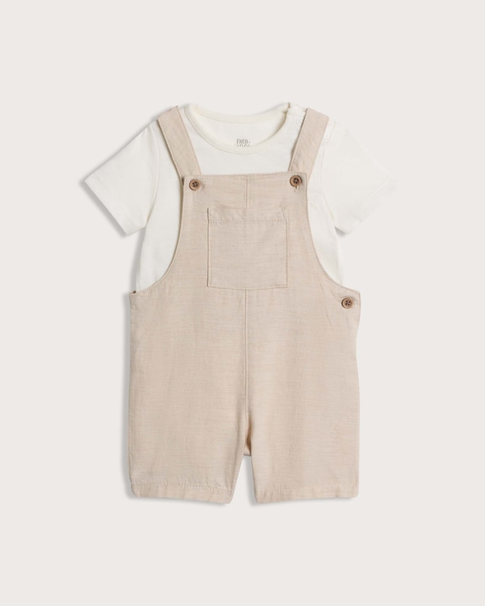 F&F Baby 2-Piece Pure Cotton Baby Bodysuit and Dungarees in Stone