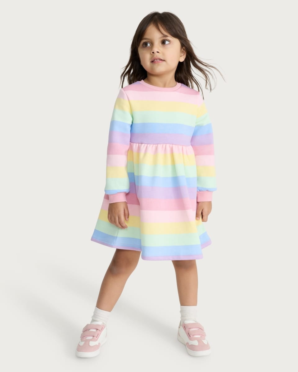 image 1 of F&F Girls Cotton Rich Rainbow Long Sleeved Sweater Dress in Multi Pink