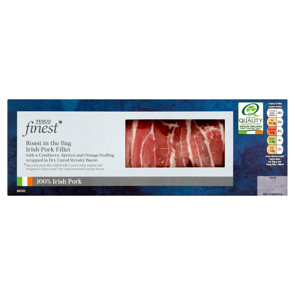 Tesco Finest Irish Stuffed Pork Fillets Streaky Bacon 830G