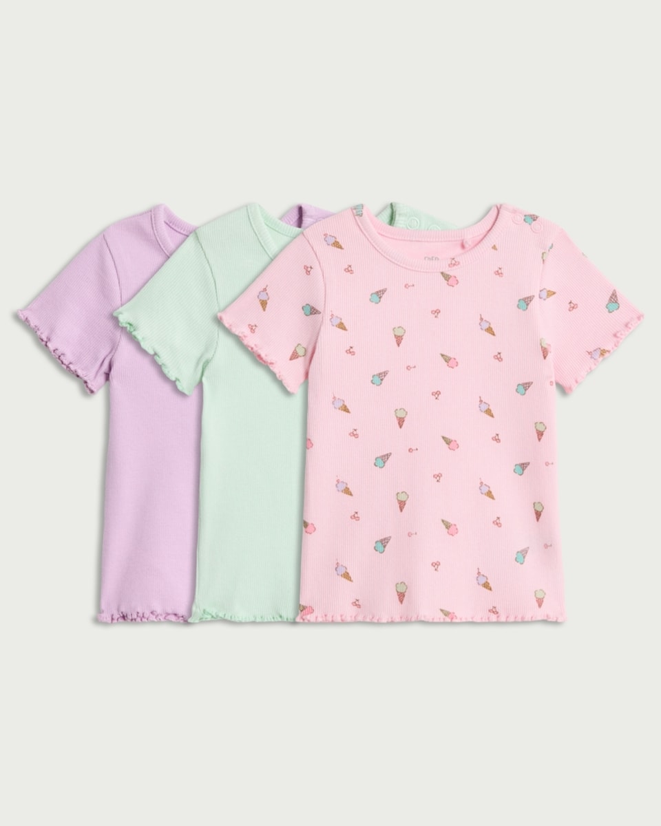 image 1 of F&F Baby 3-Pack Cotton Rich Ice Cream Print Short Sleeved T-Shirts in Pink