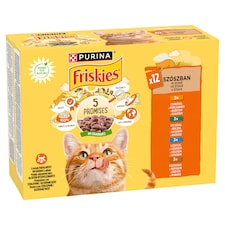 PURINA FRISKIES multipack s kuřetem, lososem, kachnou, krůtou ve šťávě 12 x 85g 