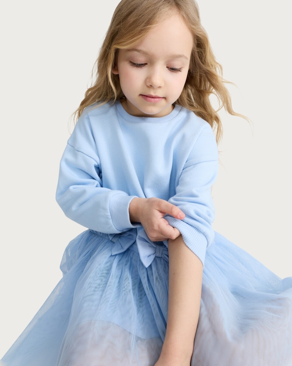 image 1 of F&F Girls Bow Detail Tulle Skirt Dress in Blue