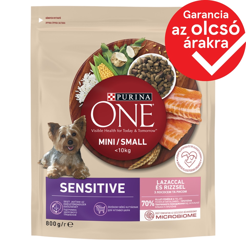 Purina One Mini Sensitive teljes értékű állateledel felnőtt kutyák számára lazaccal és rizzsel 800 g
