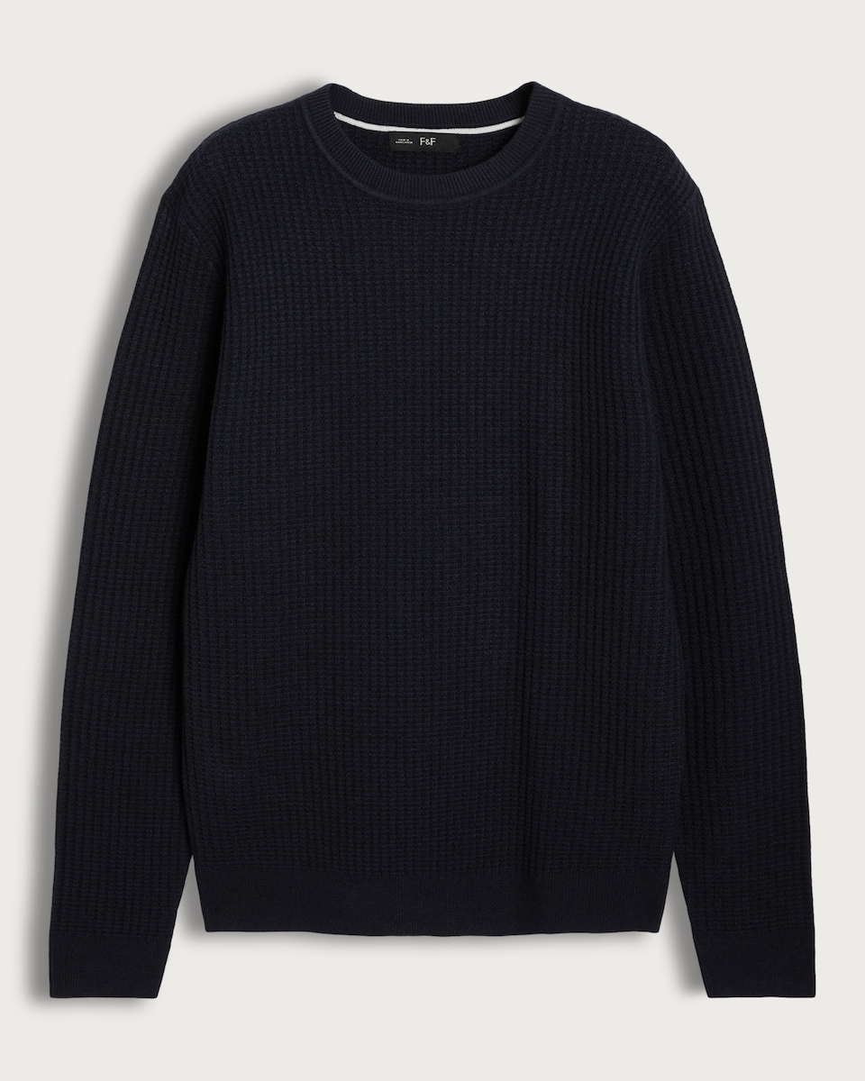 F&F Waffle Knit Crew Neck Jumper with Wool in Navy