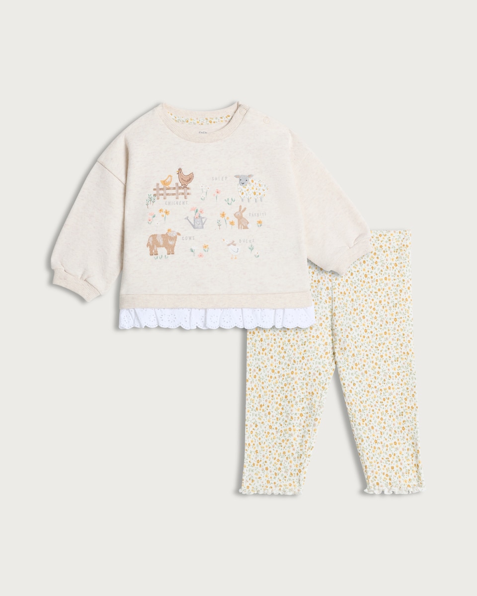 image 1 of F&F Baby 2-Piece Cotton Blend Farmyard Print Sweatshirt and Leggings Set in Cream