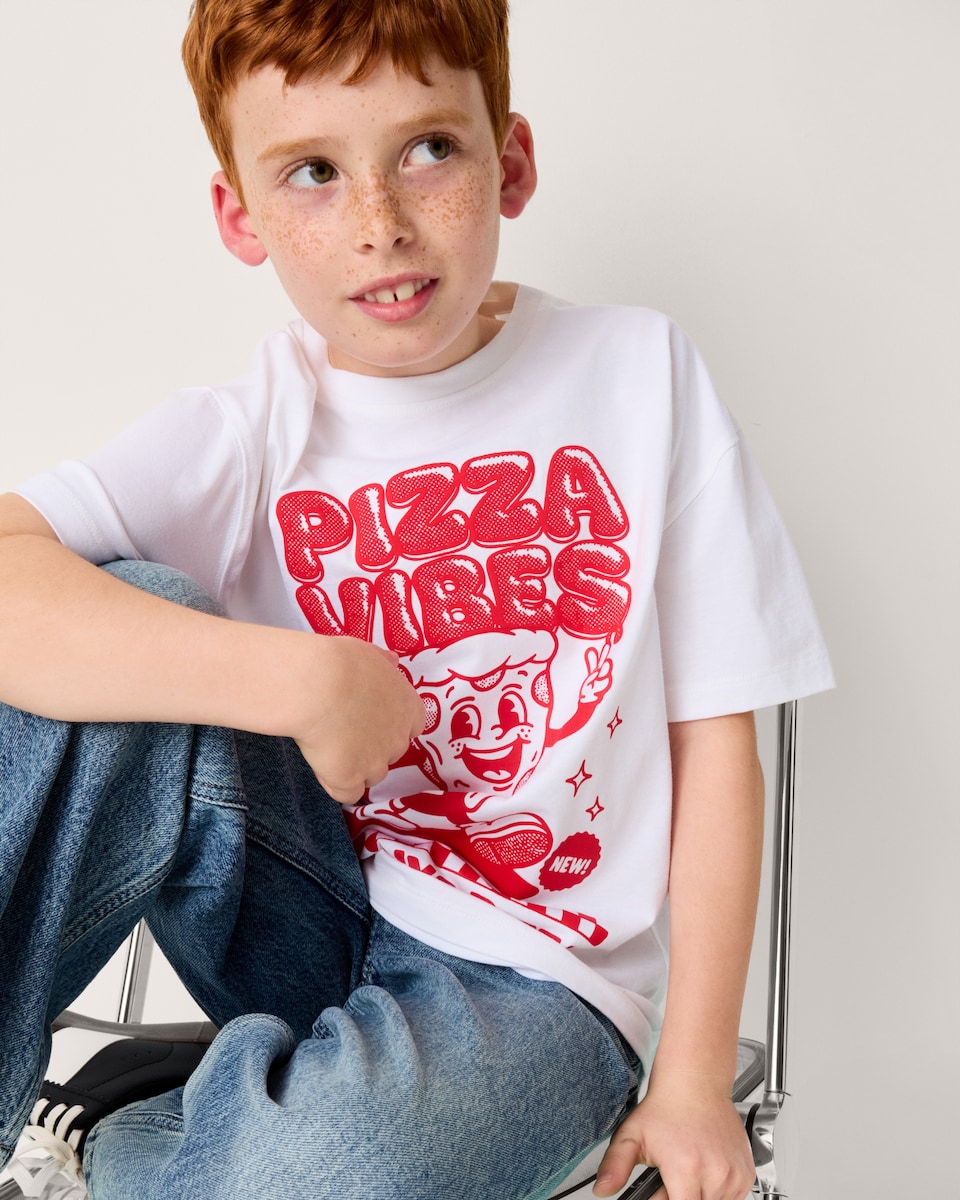 image 1 of F&F Boys Pure Cotton Pizza Vibes T-Shirt in White