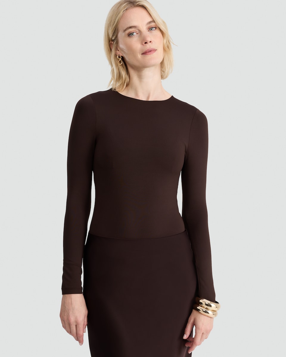 image 1 of F&F Polyamide Crew Neck Long Sleeved Bodysuit in Khaki