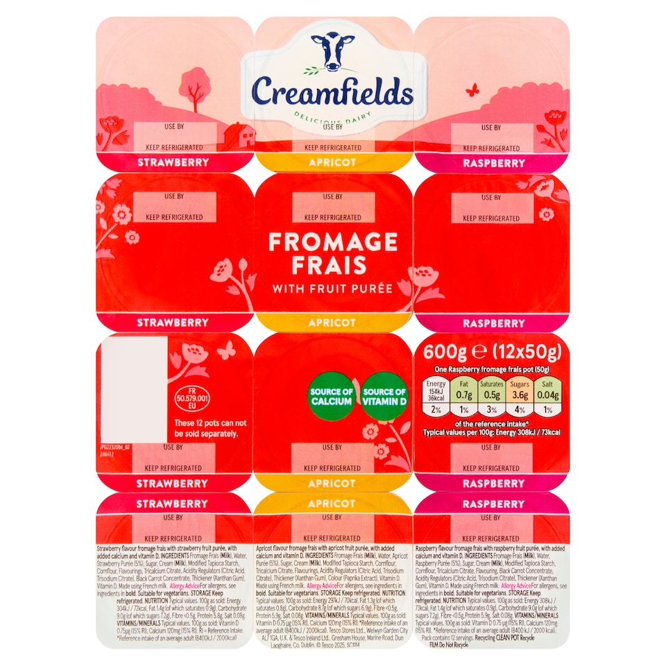 Creamfields Apricot Strawberry Raspberry Fromage Frais 12 X 50G