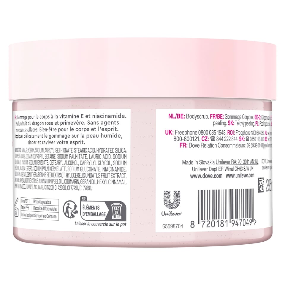 image 1 of Dove Body + Mind Dragonfruit & Primrose Bath Scrub 295ml