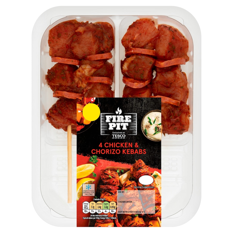 Tesco 4 Bbq Chicken & Chorizo Kebabs 272G