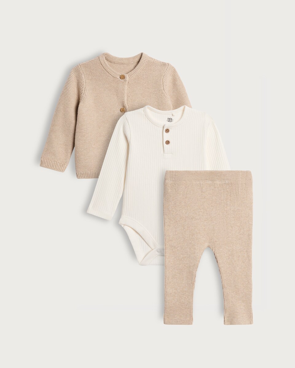 image 1 of F&F Baby 3-Piece Cotton Rich Knitted Cardigan, Bodysuit and Legging Set in Med Nude