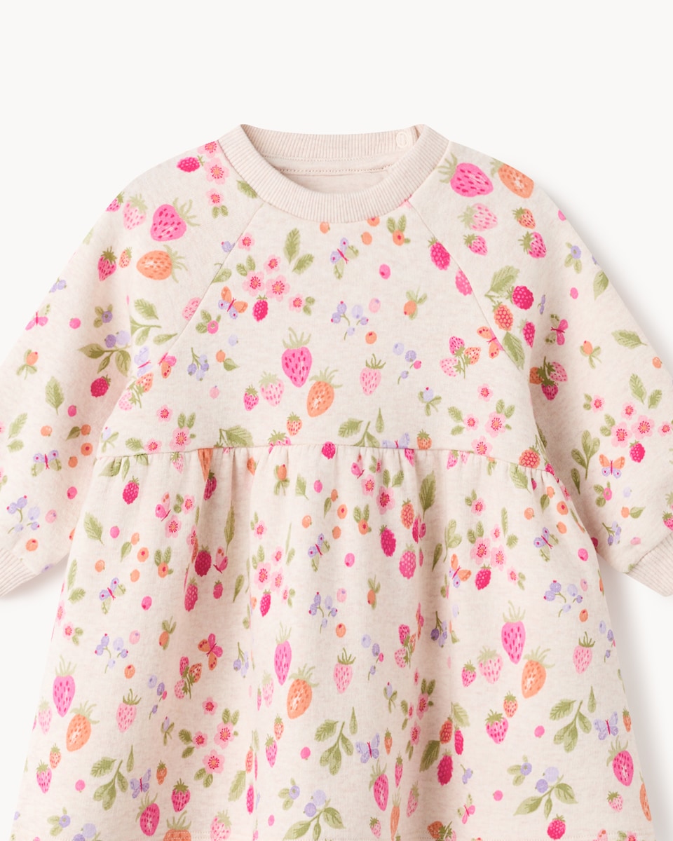 image 1 of F&F Baby Cotton Rich Strawberry Sweat Dress in Neutral