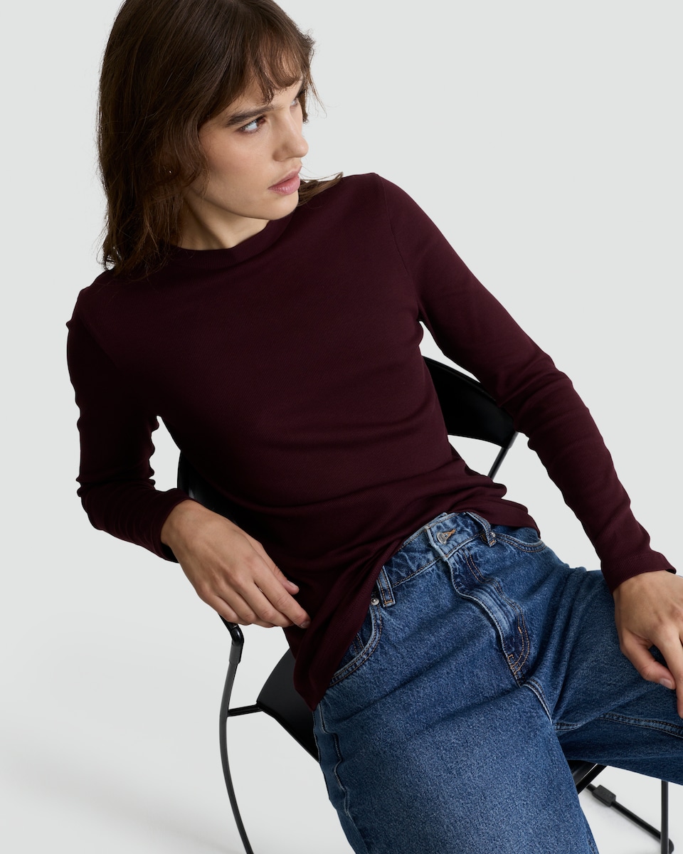 image 1 of F&F Cotton Rich Crew Neck Long Sleeved Top in Burgundy