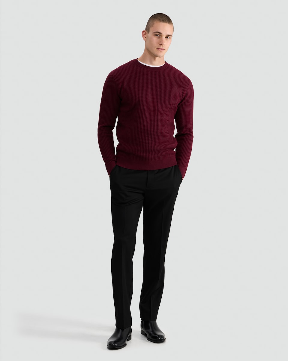 image 1 of F&F Waffle Knit Crew Neck Jumper with Wool in Burgundy