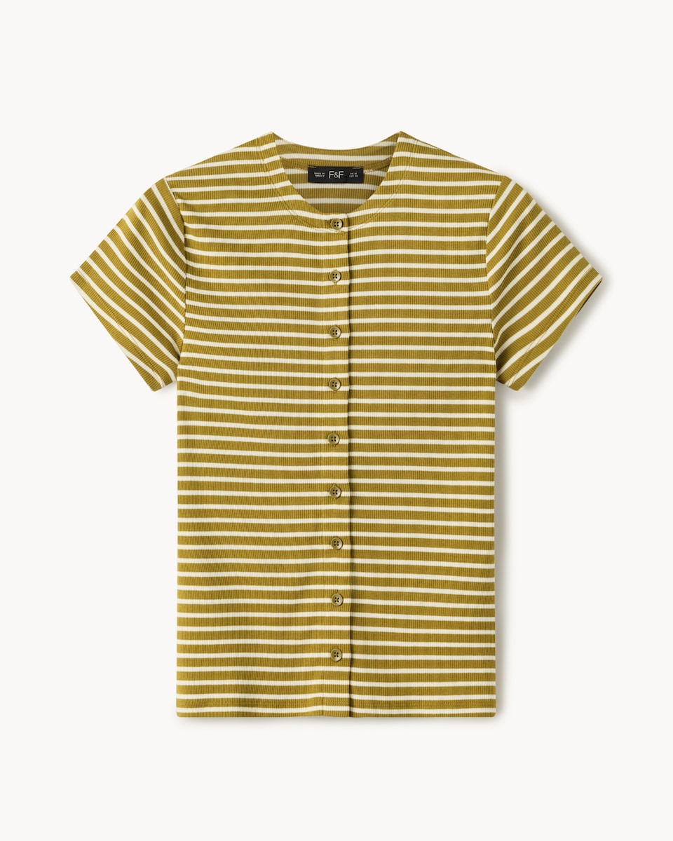 image 1 of F&F Cotton Rich Striped Button Front Top in Multi Green